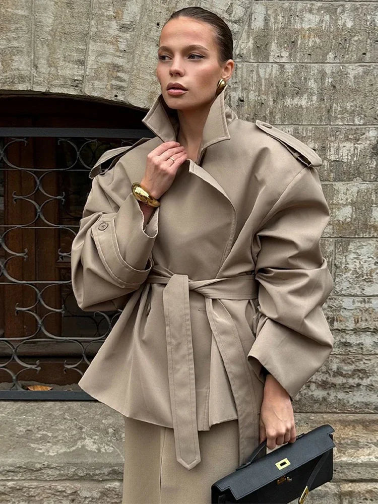 Solid Lapel Lace Up Trench Coat For Women Fashion Long Sleeves Wide Shoulder Short Loose Coat 2025 New Autumn Commute Outwear