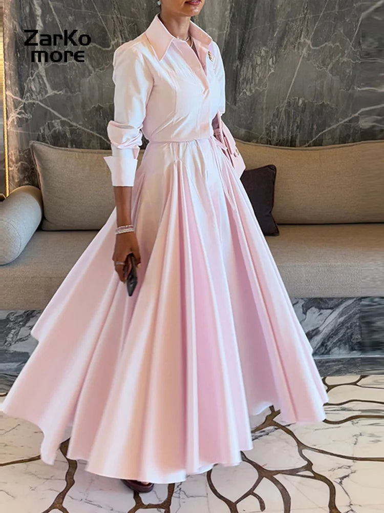 Casual Lapel Shirt Skirt Two Pieces Set Women Single Breasted Long Sleeve Top A-line Pleated Shirts 2025 Autumn Lady Solid Suit
