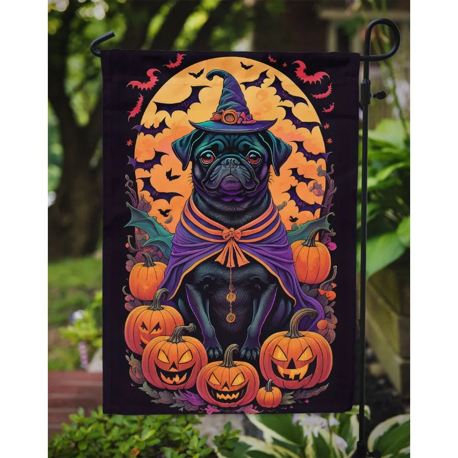 Black Pug Witchy Halloween Garden Flag Mailbox Flag Drative Yard Flag Banner Outside Patio Artwork Yard Flower Beds Garden Size