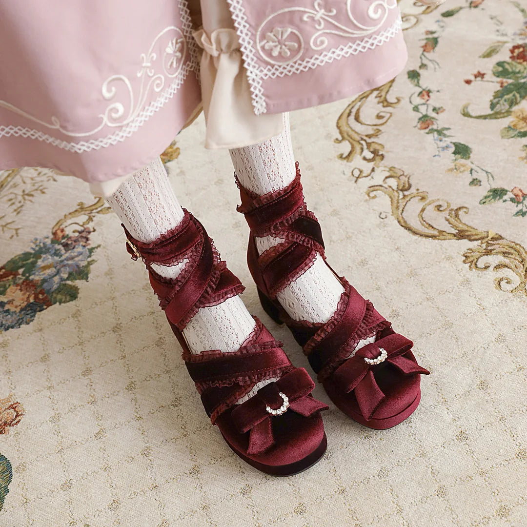 JK Fairy Lolita Shoes Flock Gold Velvet Bow Platform Mary Jane Cross Strap Pumps Gladiator Cosplay Party Red Green Black