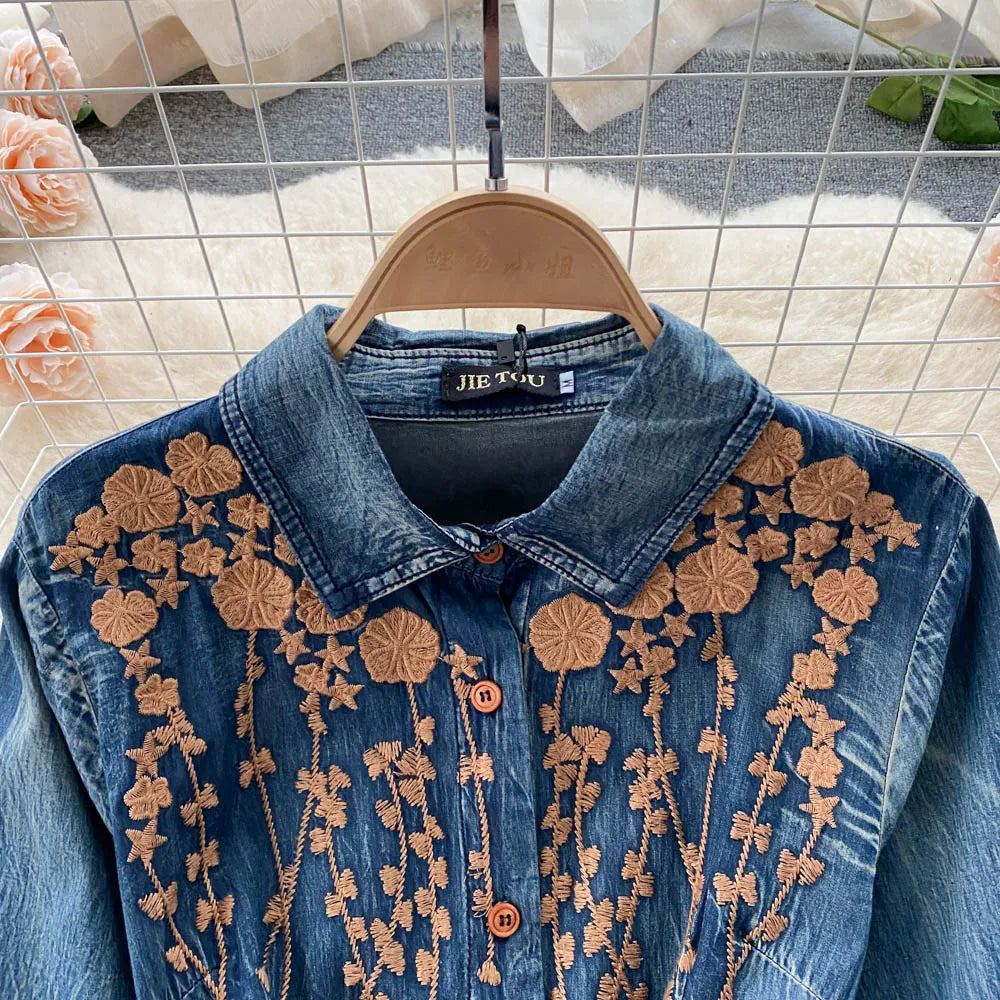AYUALIN Denim Long Dress for Women Ethnic Floral Embroidery Boho A-line Casual Summer Vestidos Lapel Long Sleeve Dresses Lady