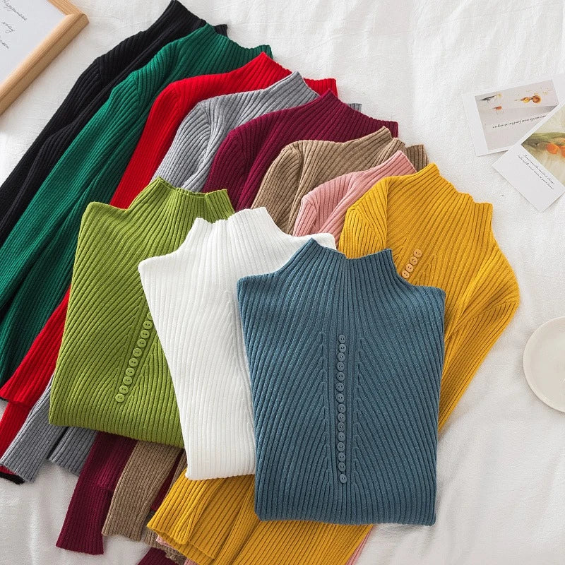 Women Turtleneck Pullovers Autumn Winter Jumper Knitted Basic Top Fashion Solid Color with Button Long Sleeve Ladies Sweater