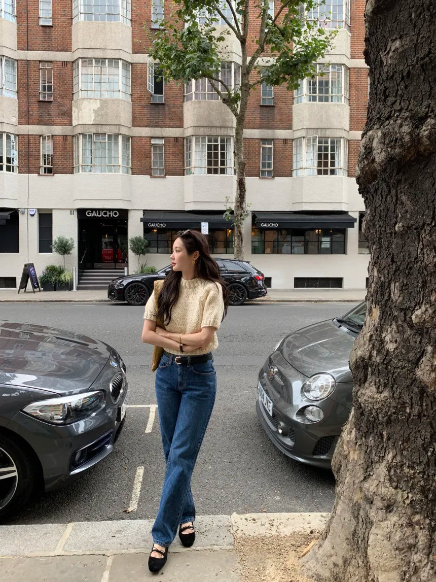 Chic Vintage Heavyweight Knitted Loose ort Sve Striped Sweater for Women Summer Collection oulder Sve