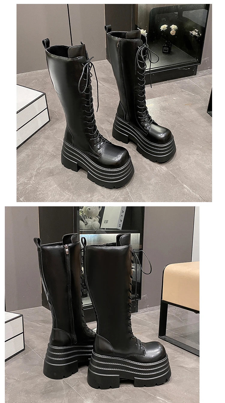New Women's Roman Long Boots Autumn Winter Knee-high Leather Punk Shoes Chunky Platform Casual Knight Boots Botas Mujer 10CM