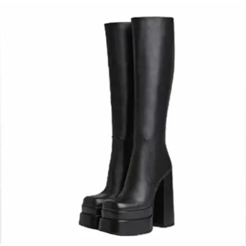 Mature Women Boots Mature Knight Boots Square Heel New Double Layered Water Platform Ultra High Heels Tall Boots Women Shoes