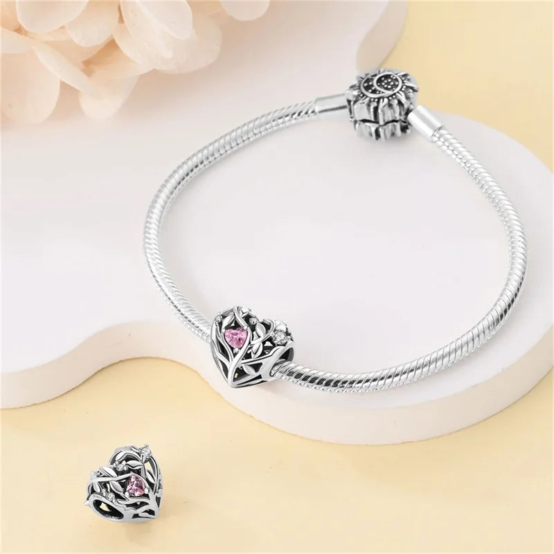 Classic Silver Plated Lotus Guardian Angel Heart-Shaped Zircon Charms Beads Fit Qikaola 925 Original Bracelets DIY Jewelry Gifts