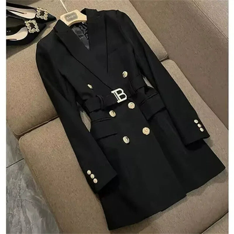 Spring 2025 Women's Long Sve Jaet Dr Coat 4XL High Waist Slim Fit ort Skirt Double Breasted Long Sve Polyest...