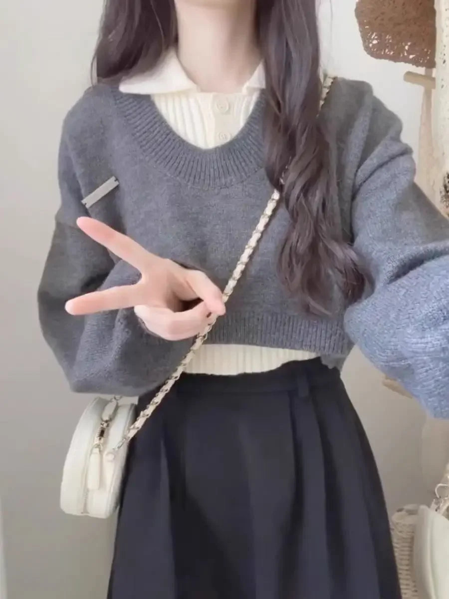 Preppy Style Women's Polo Collar Sweater 2-Piece Set Cropped Idle Style Knit Suit V-Neck Top For Spring And Autumn