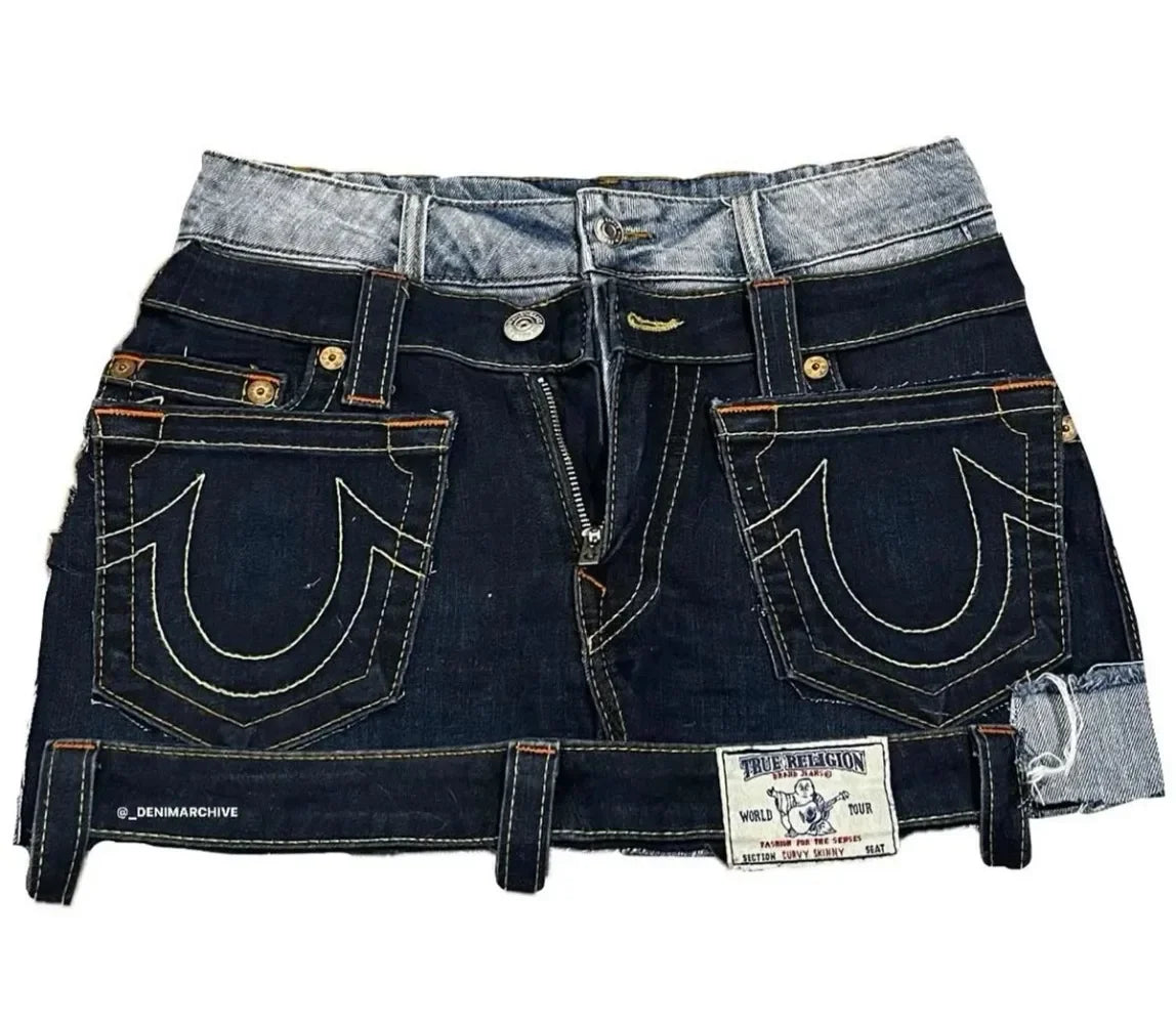 New Y2k Denim Skirt Womens Harajuku Retro Letter Embroidery Patch Zipper Denim Short Skirt Gothic Punk Sexy Slim Mini Skirt