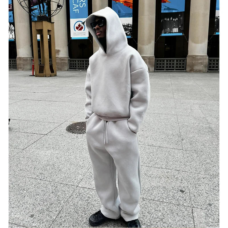 Casual Solid Hooded Pullover Straight Pants 2 Piece Set Tracksuit For Male Fashion Loose Hoodies Sweatshirt Wide Leg Sweatpants