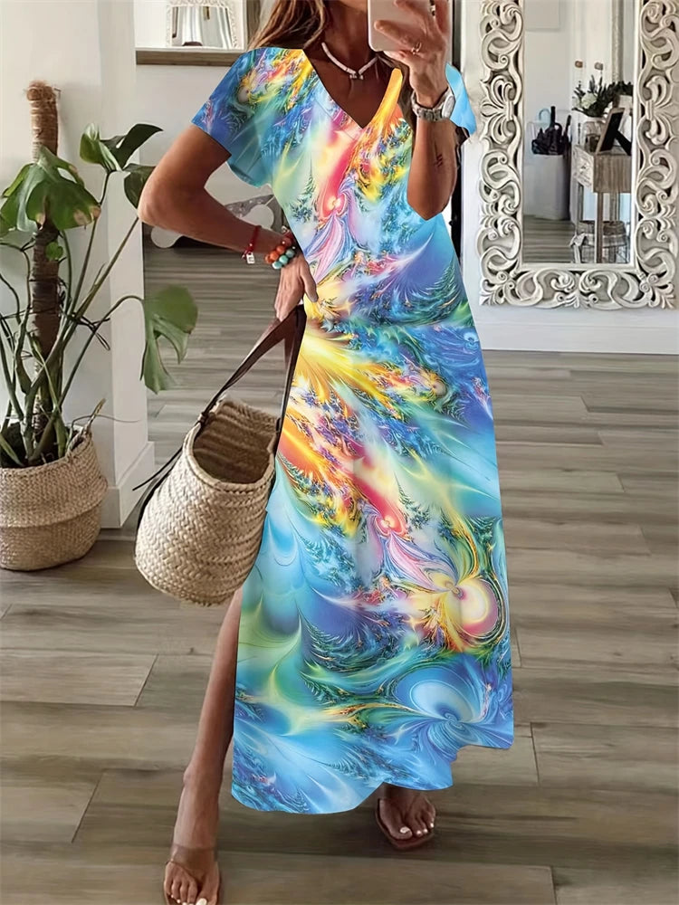 New 2025 Summer Women's Dresses Patchwork Geometric Printing Casual Temperament Dresses Fashion Beach Short Sleeve Dresses