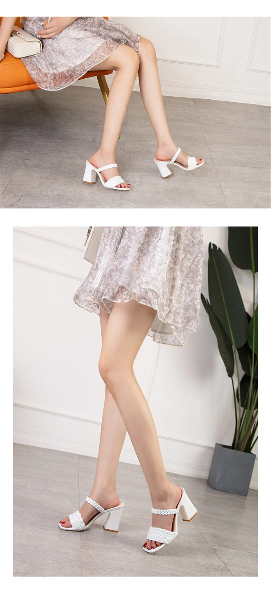 Fashion Weave Thick Heel Women's Slippers Square Toe Summer Casual Ladies Slides Red Orange Shoes Slip On Beach Sexy Pumps Woman