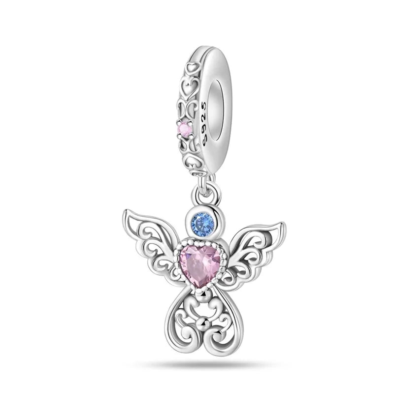Classic Silver Plated Lotus Guardian Angel Heart-Shaped Zircon Charms Beads Fit Qikaola 925 Original Bracelets DIY Jewelry Gifts