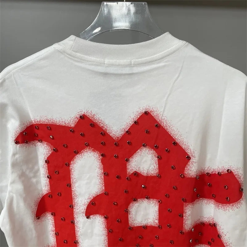 Oversized MIXED EMOTION White T-Shirts Men Women Pure Cotton Casual Red Hot Drill Letters Tshirts