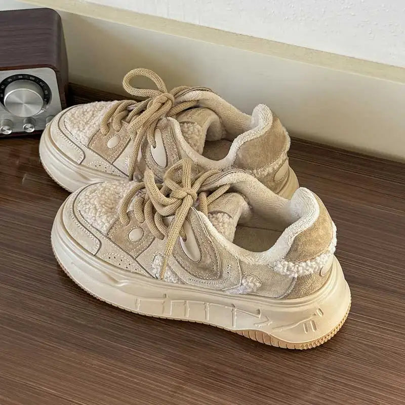 BEAUTODAY Furry Sneakers Women Suede Leather Mixed Colors Non-Slip Lace-up Warm Casual Winter Ladies Shoes Handmad MS1C003