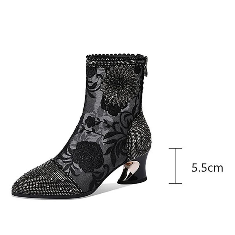 Luxury Crystal Pointed Toe Fashion Boots Women Thick Heel Zipper Ladies Party Shoes Black White Lace Mesh Sexy Female Ankle Boot