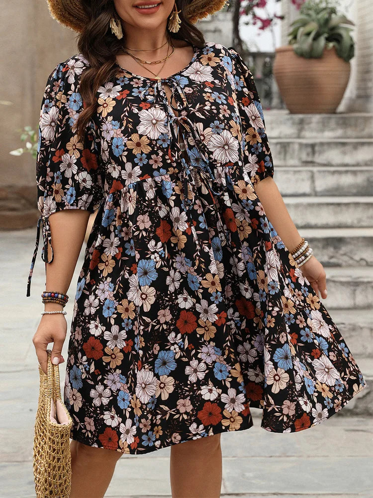 GIBSIE Plus Size Floral Print O-Neck Lace Up Short Dress Women Summer Puff Sleeve Casual Holiday Boho Loose Dresses 2025 Summer