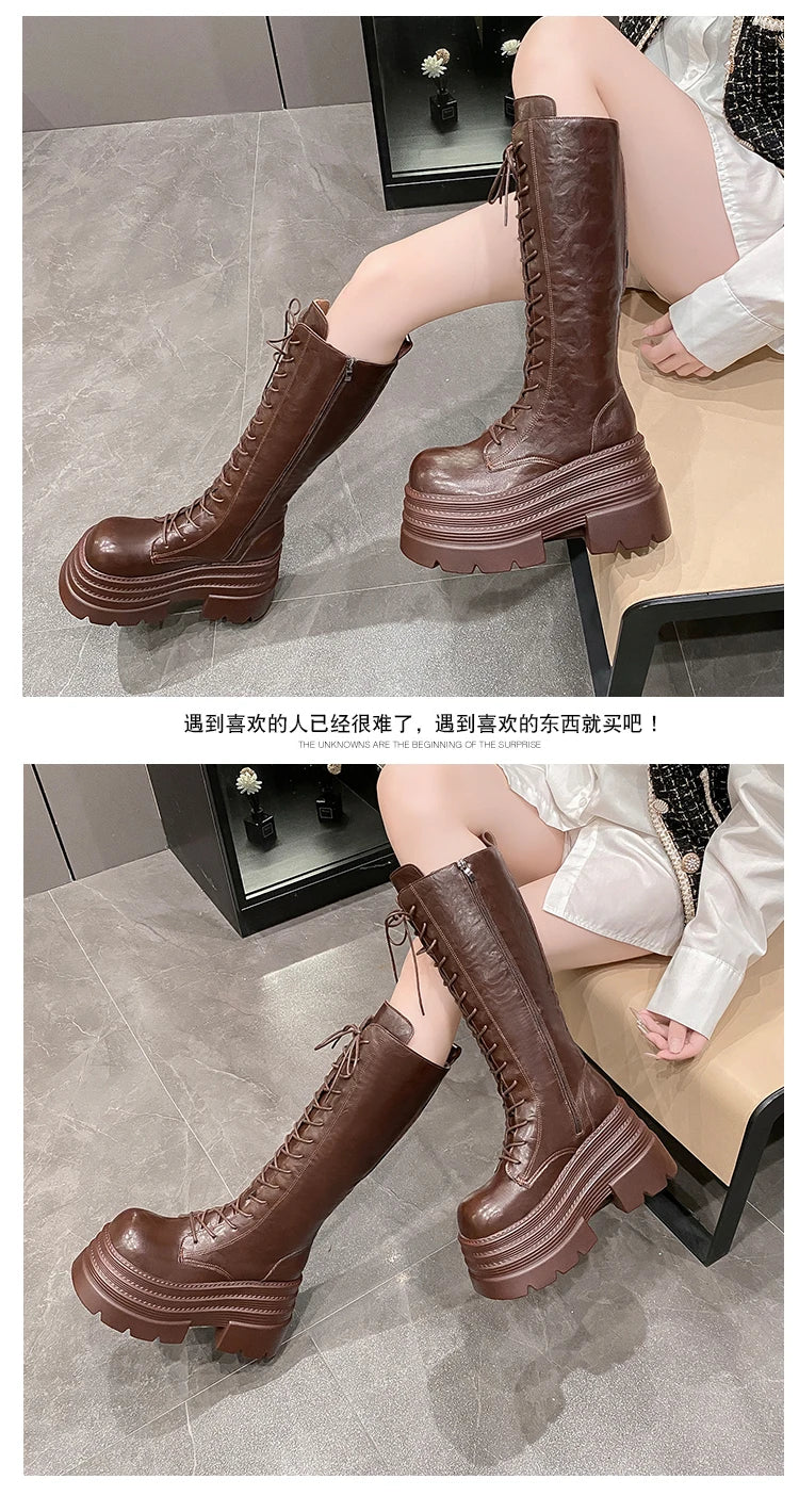 New Women's Roman Long Boots Autumn Winter Knee-high Leather Punk Shoes Chunky Platform Casual Knight Boots Botas Mujer 10CM