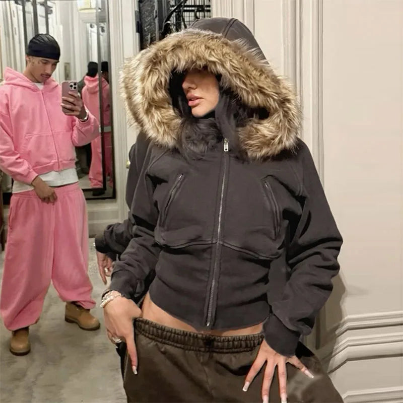 Fashion Solid Feather Hooded Short Jacket Women Zipper Pockets Full Sleeve Waist-closed Coat 2025 Autumn Lady New Street Outwear