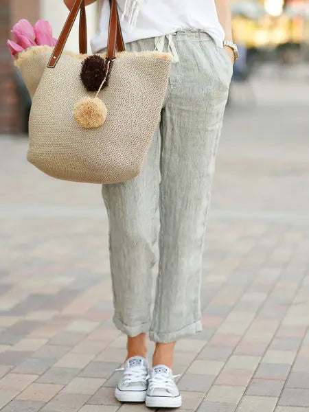 Women Elastic Drawstring Waist Cotton Linen Wide Leg Ankle Pants Summer Female Long Loose Trousers ARJ-K01