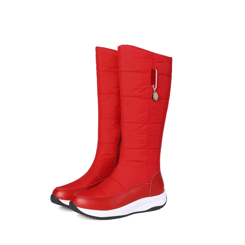 2025 Women Snow Boots Waterproof Down Plush Genuine Leather Red White Casual Travel Ladies Flat Heels Platform Knee High Boots