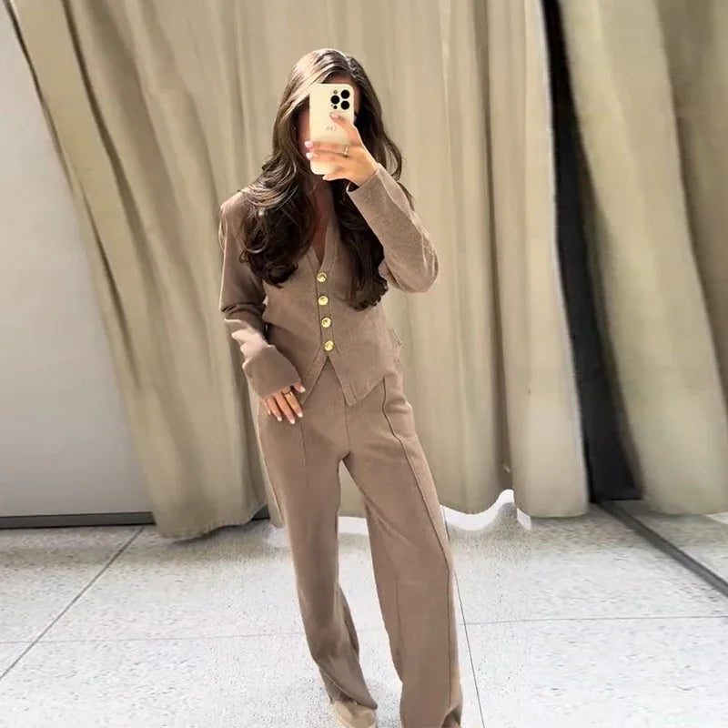 Casual Knitted Pant Suit Women Solid V-neck Full Sleeve Button Jacket Wide Trouser 2025 Autumn Fashion 2 Pieces Set Lady Outfits