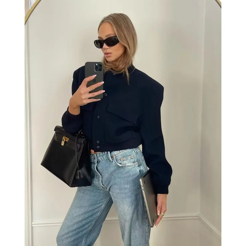 MUJER 2025 Woman Bomber Jacket White Autumn Winter Button Cropped Jackets for Women Fashion Long Sleeve Women Coats Outerwears