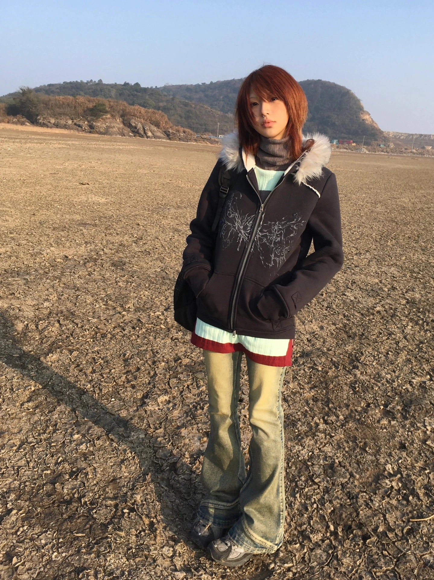 Karrram Japanese Y2k Fur Hooded Coat Grunge Aesthetics Tattoo Print Jacket Vintage Harajuku Double Zipper Outerwear Trashy 2000s