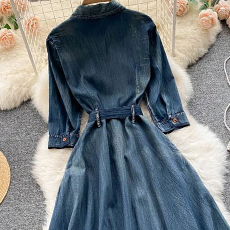 AYUALIN Denim Long Dress for Women Ethnic Floral Embroidery Boho A-line Casual Summer Vestidos Lapel Long Sleeve Dresses Lady