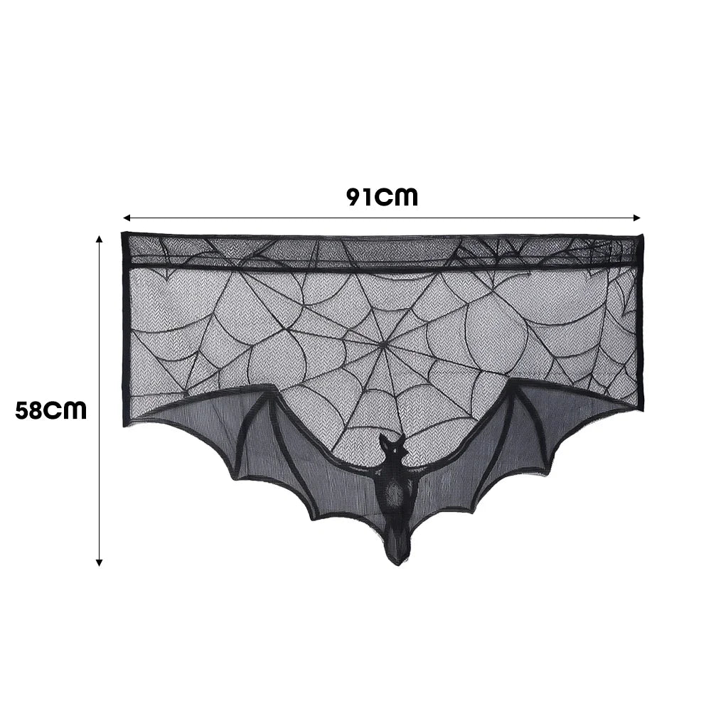 Hallowen Bat Spider Web Table Runner Door Curtain Lace Cobweb Fireplace Cover Lampshade Perfect for Gothic Halloween Decoration