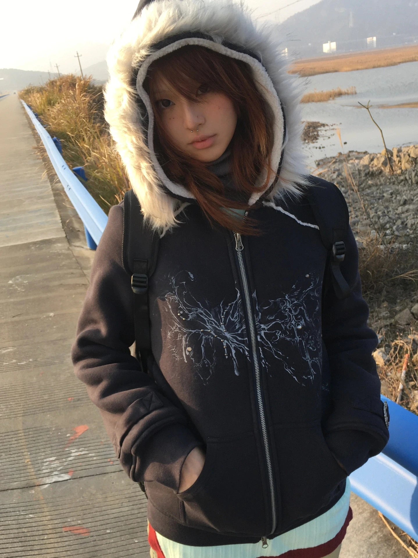 Karrram Japanese Y2k Fur Hooded Coat Grunge Aesthetics Tattoo Print Jacket Vintage Harajuku Double Zipper Outerwear Trashy 2000s