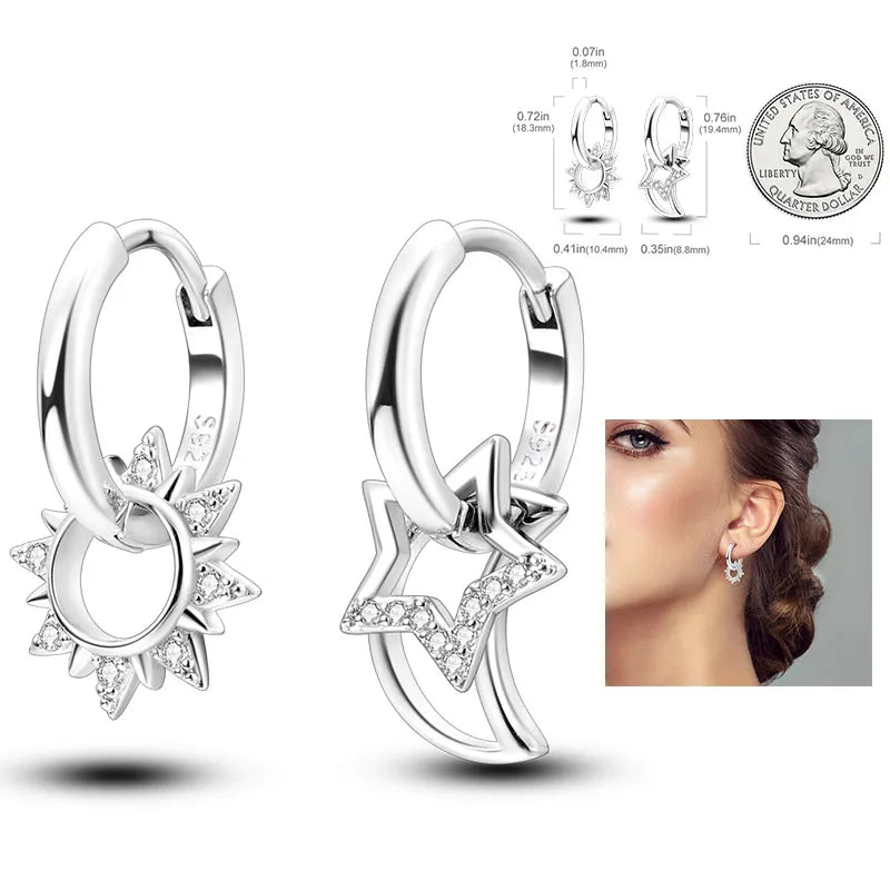 925 Silver Hoop Earrings For Woman Pendientes Zircon Heart Shape Star Eardrop Original Earring Fashion Jewelry