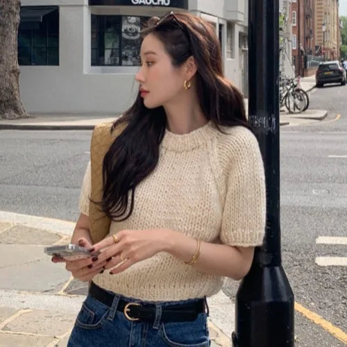 Chic Vintage Heavyweight Knitted Loose ort Sve Striped Sweater for Women Summer Collection oulder Sve
