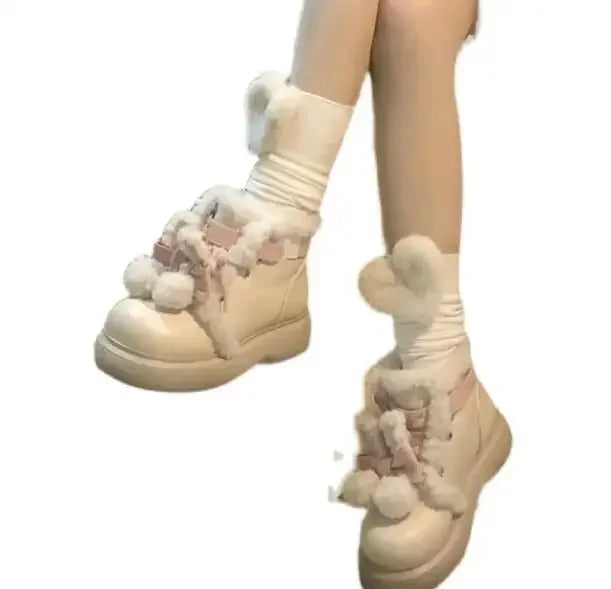Cute Girls Beige Warming Fur Cross Tied Lace Up Ankle Boots Women Fashion Round Toe Flat Winter Snow Boots Shoes Lady