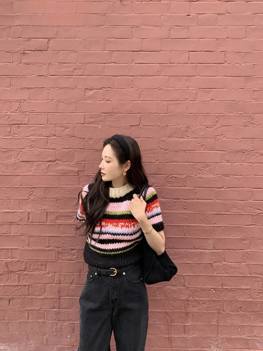 Chic Vintage Heavyweight Knitted Loose ort Sve Striped Sweater for Women Summer Collection oulder Sve