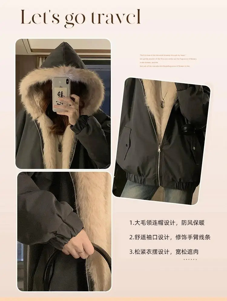 Double-Sided Warm Fur Coat Women Autumn Winter Loose Thicken Plush Cotton Coat 2025 New Women Hooded Imitation Mink Fur Outwear