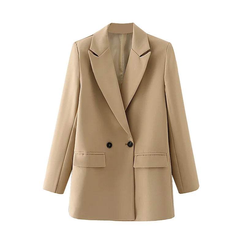 New Women's Double-Breasted Suit Jaet Casual Top 2 Colors Commute Sle Straight Cut Polyester Long Sve Pure Color