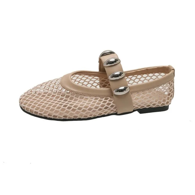 Spring New Flat Shoes Women Fashion Round Head Shallow Mouth Mesh Cloth Breathable Metal Buckle Soft Sole Single Shoes