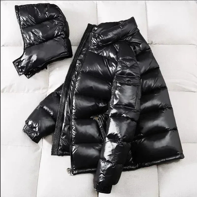 Mens Glossy Parka Casual White Duck Hooded Down Jacket Waterproof Windproof Ski Thick Warm Outwear Men Winter Fashion Shiny Coat