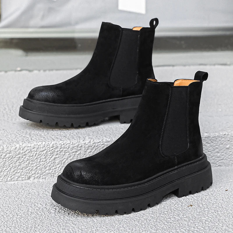 large size men casual party nightclub high chelsea boots slip-on cow suede leather shoes cowboy platform boot autumn winter bota