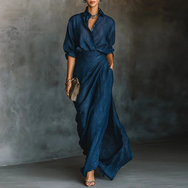 Autumn Long Sleeve Sexy Outfits Women Elegant Polo Neck Button Shirt & Pleated Skirt Set Fashion Solid Irregular 2pcs Suit Mujer