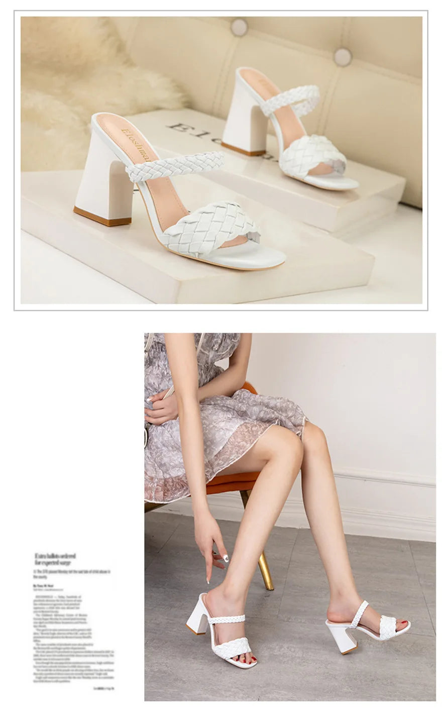 Fashion Weave Thick Heel Women's Slippers Square Toe Summer Casual Ladies Slides Red Orange Shoes Slip On Beach Sexy Pumps Woman