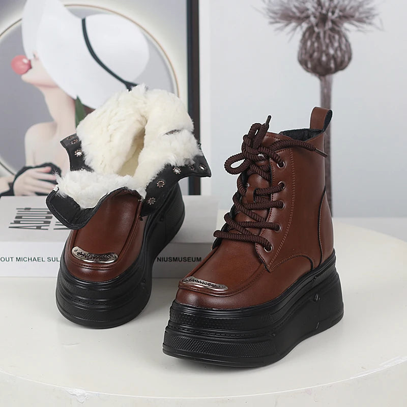 12CM Genuine Leather Winter Autumn Chimney Plush Spring Ankle Booties Fashion ZIP Women Moccasins Platform Wedge Shoes
