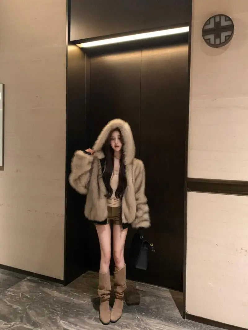 Double-Sided Warm Fur Coat Women Autumn Winter Loose Thicken Plush Cotton Coat 2025 New Women Hooded Imitation Mink Fur Outwear