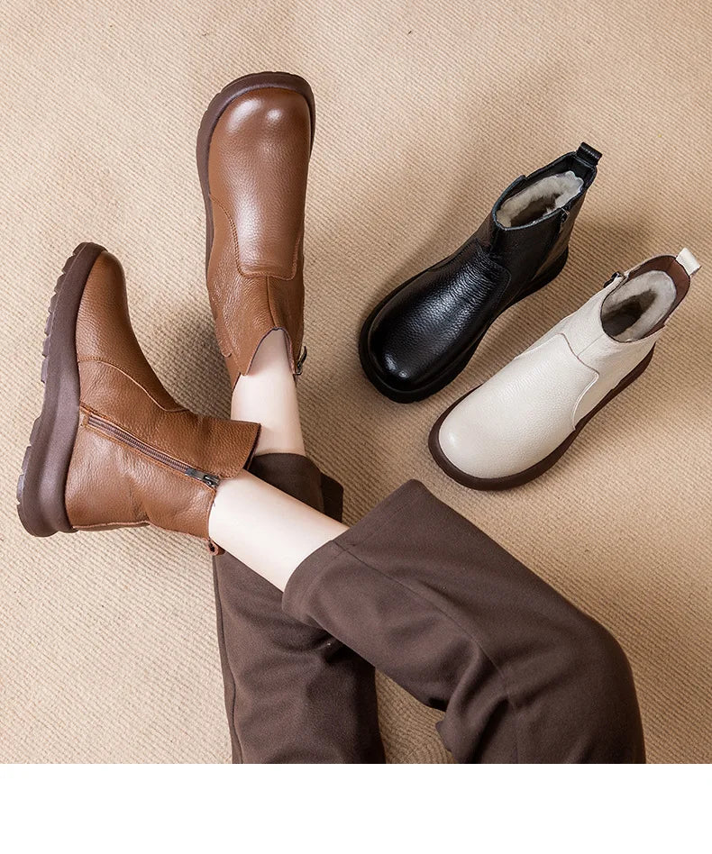 GKTINOO 2025 Winter New Genuine Leather Side Zipper Flat Bottom Women's Short Boots Soft Sole Plush Warm Cotton Shoes