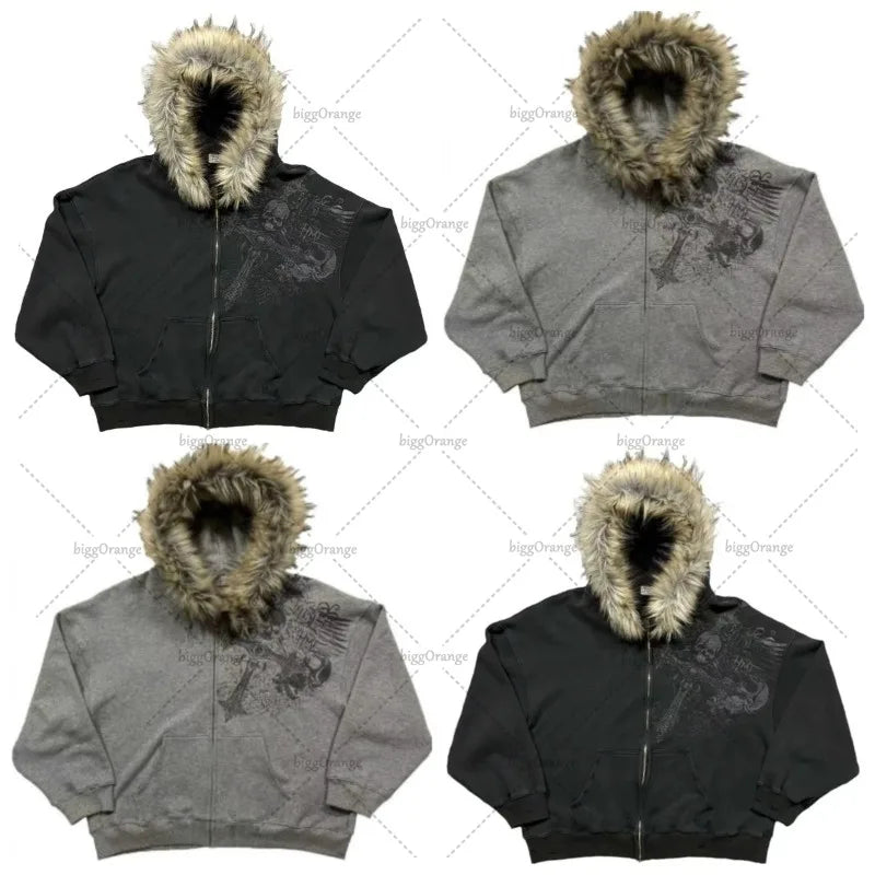 Gothic Harajuku Retro Skull Zipper Hoodie Men Streetwear Y2K Fur Collar Jacket Trendy Hip Hop Casual Oversized Sweatshirt Women