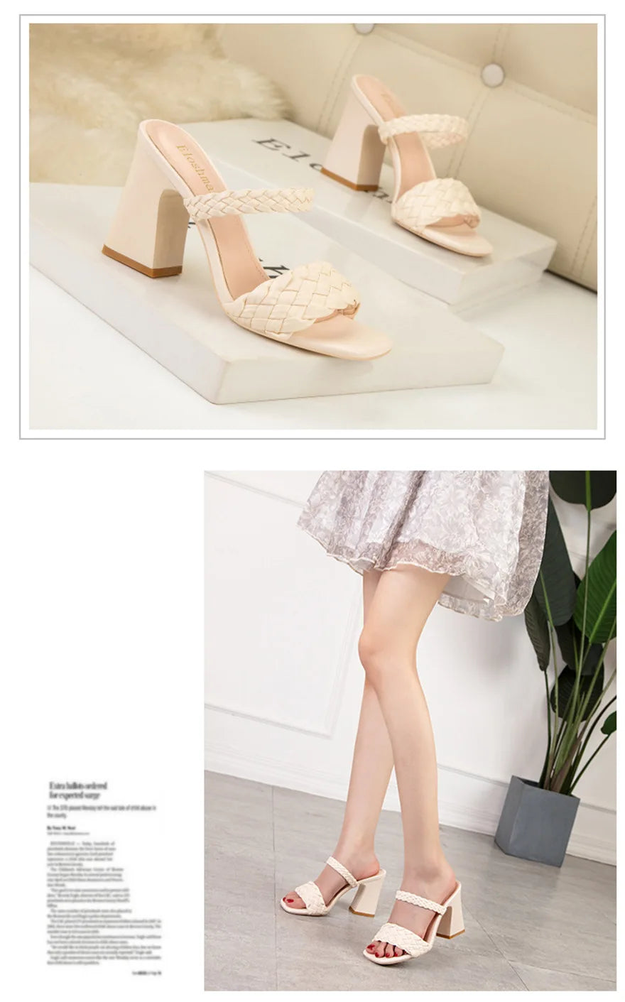 Fashion Weave Thick Heel Women's Slippers Square Toe Summer Casual Ladies Slides Red Orange Shoes Slip On Beach Sexy Pumps Woman