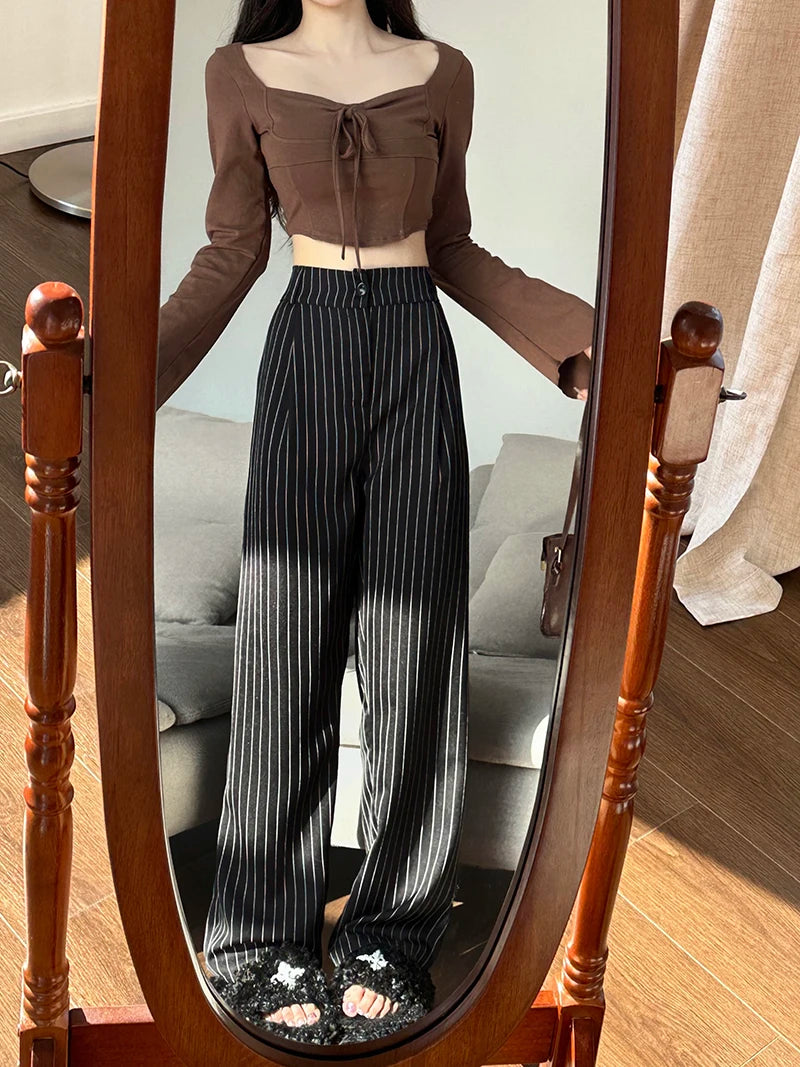 Slimming High Waist Trousers Women's Loose Striped Wide Leg Pants Korean Sle Commute Faion plus Size Long Trousers