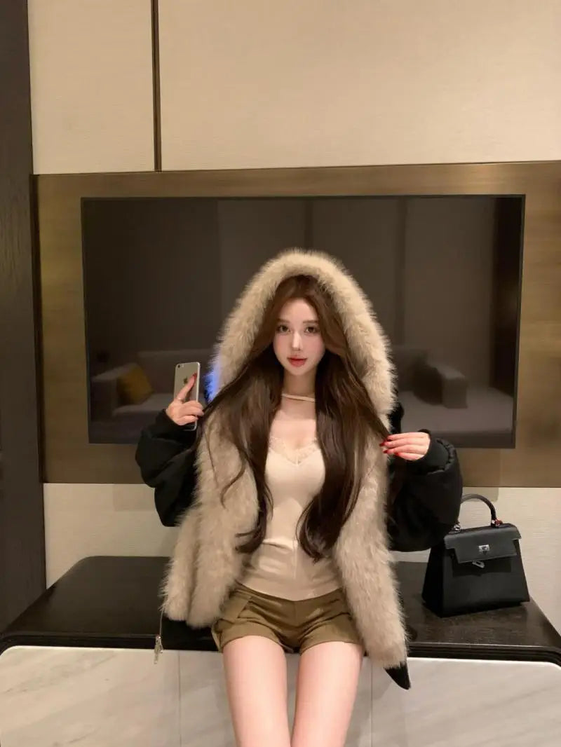 Double-Sided Warm Fur Coat Women Autumn Winter Loose Thicken Plush Cotton Coat 2025 New Women Hooded Imitation Mink Fur Outwear