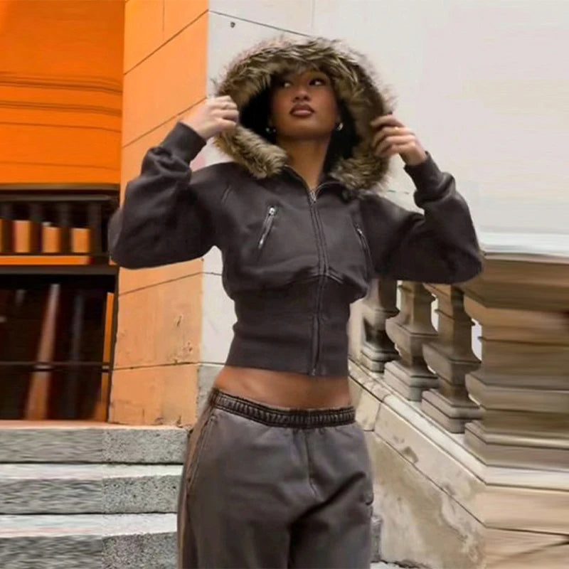 Fashion Solid Feather Hooded Short Jacket Women Zipper Pockets Full Sleeve Waist-closed Coat 2025 Autumn Lady New Street Outwear